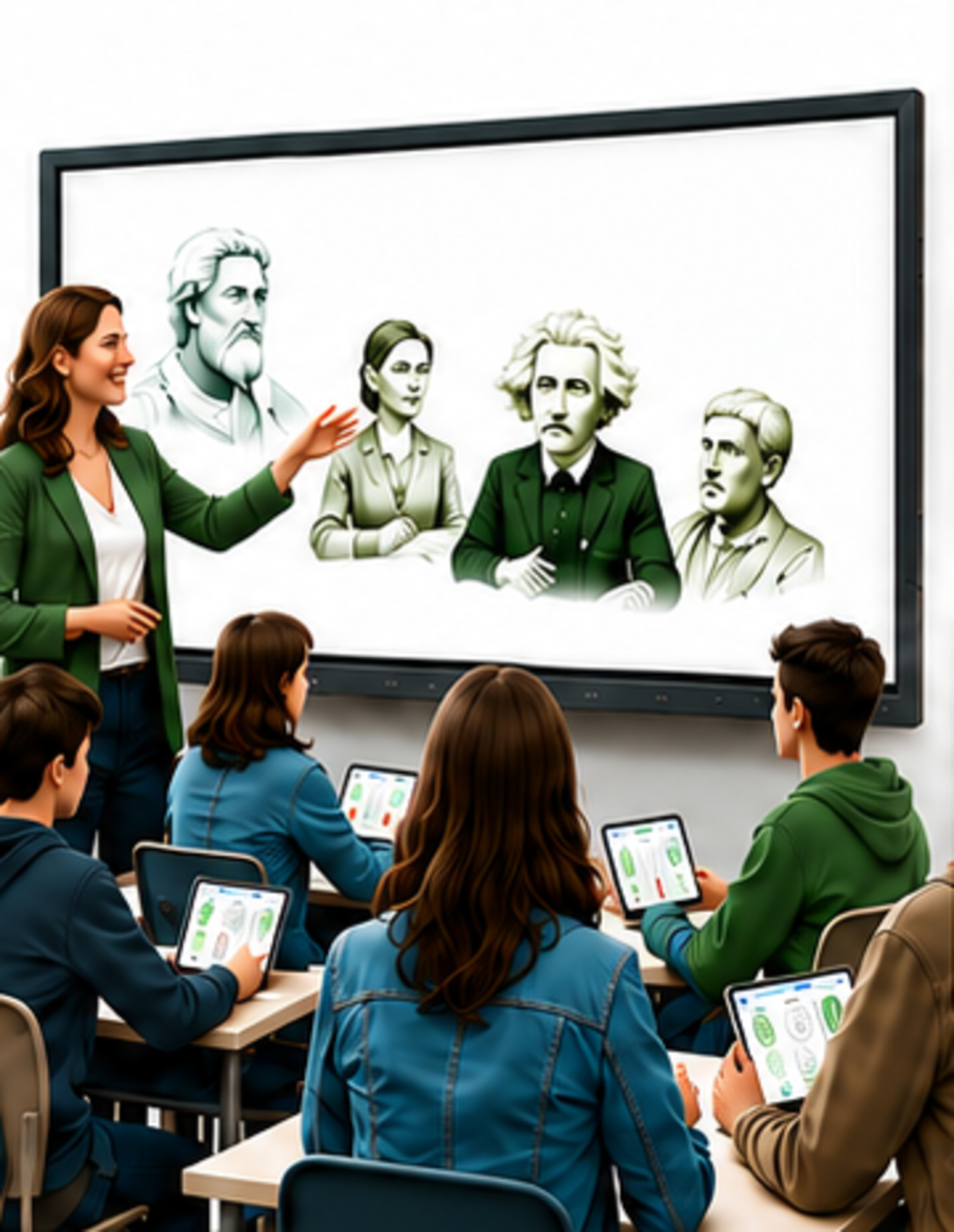 Illustrazione di una docente e di una classe davanti a una LIM con personaggi della storia della scienza